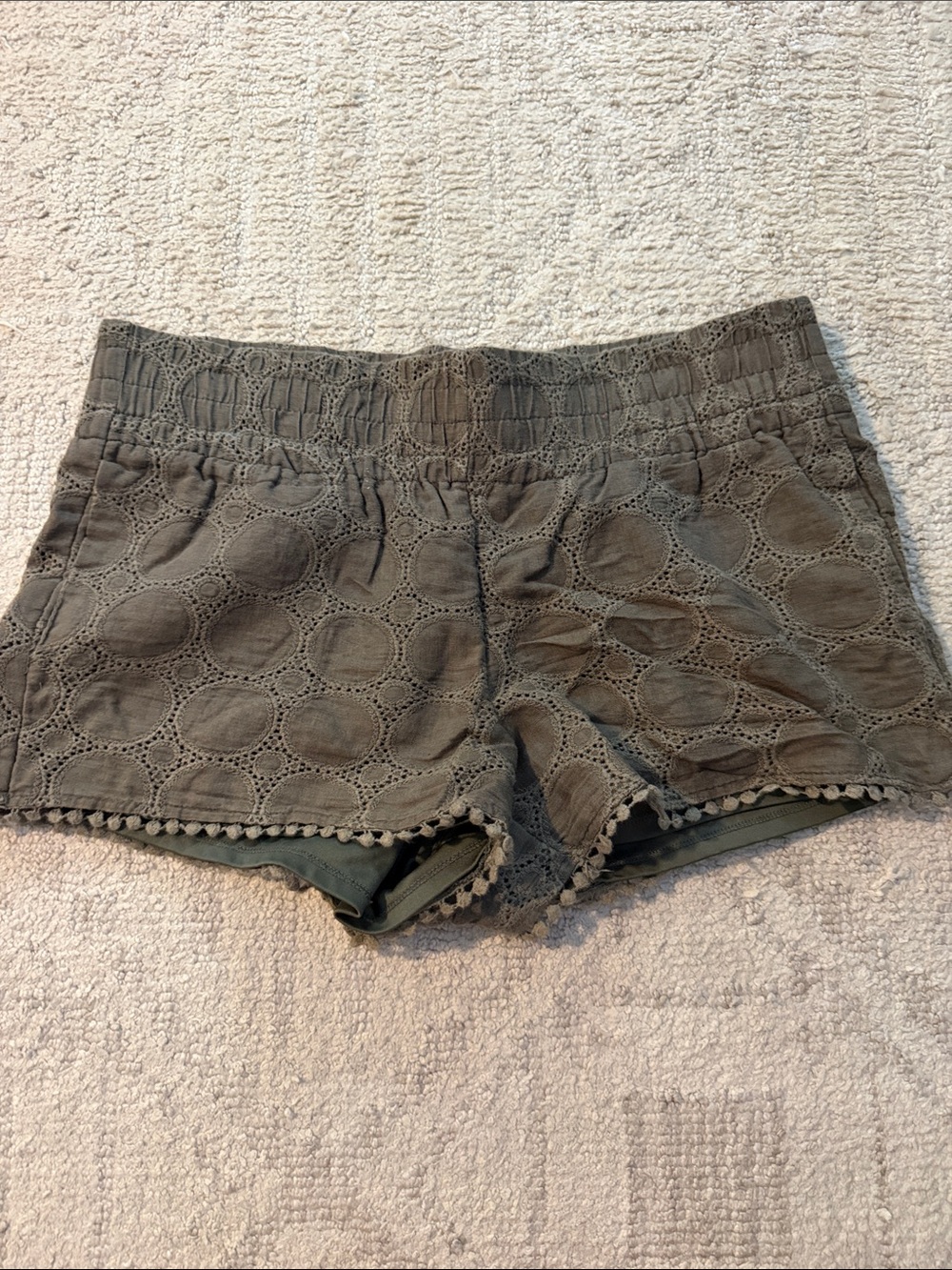 Jolt Olive Eyelet Crochet High Waist Shorts with Pom Trim